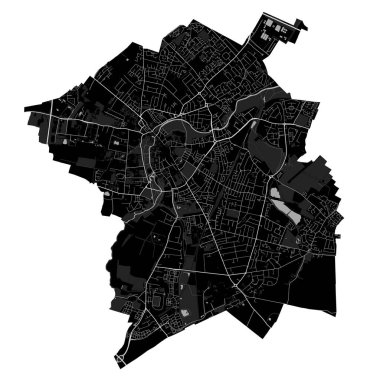 Cambridge şehri kara haritası, İngiltere, Birleşik Krallık. Yollar, demiryolları, parklar ve nehirlerle detaylı idari harita. Şehir sınırları.