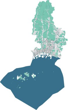 Himeji haritası. Himeji şehri yönetim bölgesinin detaylı haritası. Şehir manzarası manzarası. Otoyolları, nehirleri olan bir yol haritası. Telif hakkı serbest vektör illüstrasyonu.