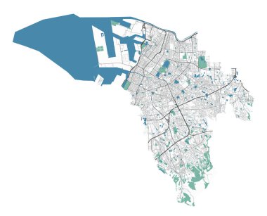 Sakai haritası. Sakai şehri yönetim bölgesinin detaylı haritası. Şehir manzarası manzarası. Otoyolları, nehirleri olan bir yol haritası. Telif hakkı serbest vektör illüstrasyonu.