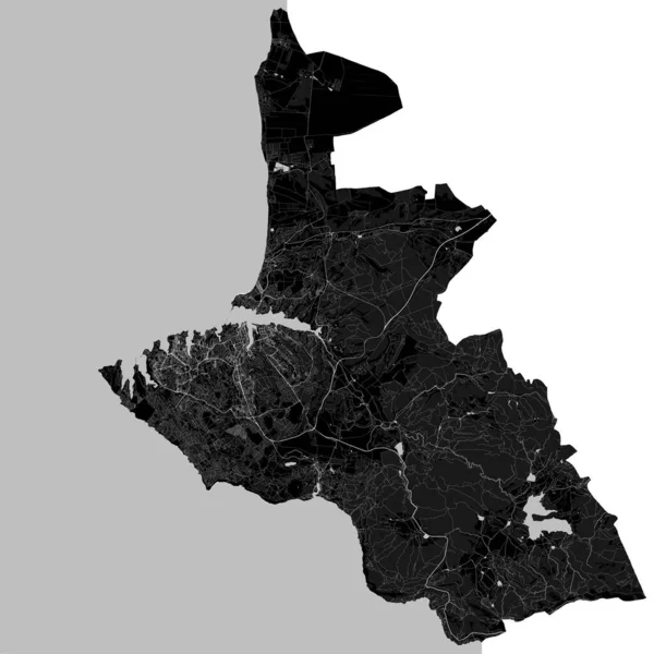 セヴァストポリ地図 セヴァストポリ市行政区の詳細な黒い地図 都市景観ポスター大都市のアリアビュー 白い建物 森林と黒の土地 — ストックベクタ