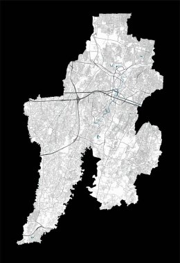 Bekasi haritası. Bekasi şehir idari bölgesinin ayrıntılı haritası. Şehir manzarası manzarası. Otoyolları, nehirleri olan bir yol haritası. Telif hakkı serbest vektör illüstrasyonu.