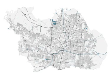 Surabaya haritası. Surabaya şehir yönetim bölgesinin detaylı haritası. Şehir manzarası manzarası. Otoyolları, nehirleri olan bir yol haritası. Telif hakkı serbest vektör illüstrasyonu.