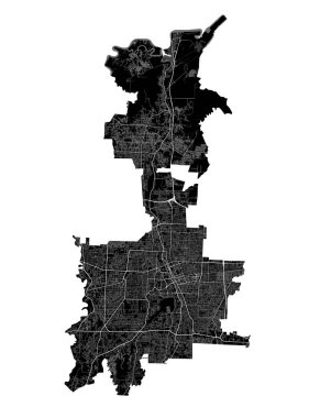 Medan haritası. Medan şehrinin idari alanının detaylı kara haritası. Şehir Posteri Arya Manzarası. Beyaz yolları ve caddeleri olan siyah topraklar. Beyaz arkaplan.
