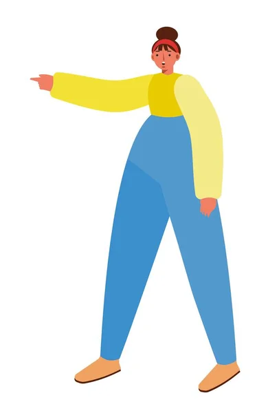 女は手で何かを指している 立ちポーズ 女性のパンツや長袖ジャケットを着て 歪んだプロポーション分離ベクトルイラスト — ストックベクタ