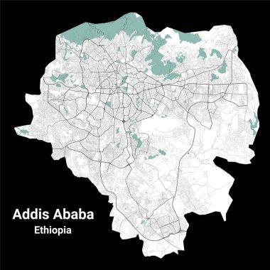 Addis Ababa haritası, Etiyopya 'nın başkenti. Nehirleri, yolları, parkları ve demiryolları olan belediye yönetim alanı haritası. Vektör illüstrasyonu.