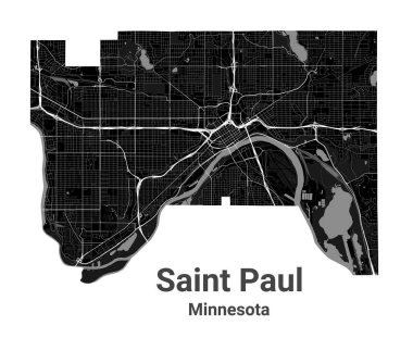 Saint Paul şehir haritası, ABD 'nin Minnesota eyaletinin başkenti. Belediye idari sınırları, nehirleri, yolları, parkları ve demiryolları olan siyah beyaz alan haritası. Vektör illüstrasyonu.