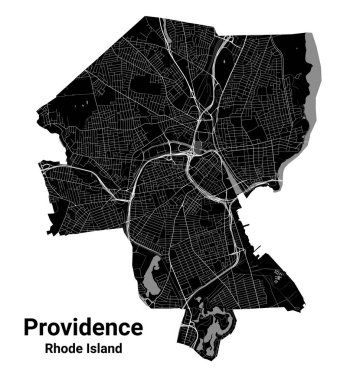 Providence şehir haritası, ABD 'nin Rhode Island eyaletinin başkenti. Belediye idari sınırları, nehirleri, yolları, parkları ve demiryolları olan siyah beyaz alan haritası. Vektör illüstrasyonu.