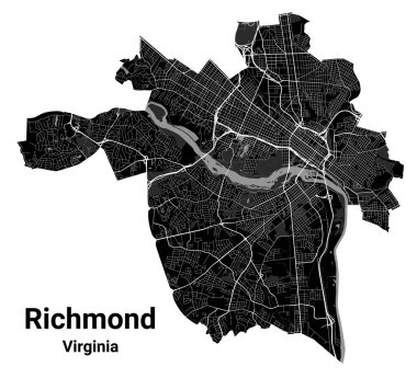 Richmond şehir haritası, ABD 'nin Virginia eyaletinin başkenti. Belediye idari sınırları, nehirleri, yolları, parkları ve demiryolları olan siyah beyaz alan haritası. Vektör illüstrasyonu.