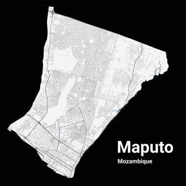 Maputo, Mozambik haritası. Maputo şehir yönetim bölgesinin detaylı haritası. Şehir manzarası manzarası. Kraliyetten bağımsız vektör çizimi. Karayolları ve nehirlerle yol haritası.