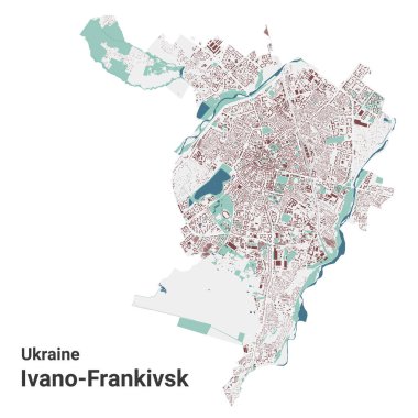 Ivano-Frankivsk haritası, Ukrayna şehri. Binalar, nehirler ve yollar, parklar ve demiryolları olan belediye yönetim alanı haritası. Vektör illüstrasyonu.