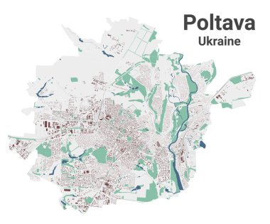 Poltava haritası, Ukrayna 'daki şehir. Binalar, nehirler ve yollar, parklar ve demiryolları olan belediye yönetim alanı haritası. Vektör illüstrasyonu.