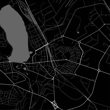 Ternopil şehir haritası, Ukrayna 'nın oblast merkezi. Nehirleri, yolları, parkları ve demiryolları olan belediye siyah-beyaz alan haritası. Vektör illüstrasyonu.