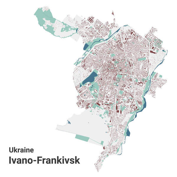 Ivano-Frankivsk map, city in Ukraine. Municipal administrative area map with buildings, rivers and roads, parks and railways. Vector illustration.