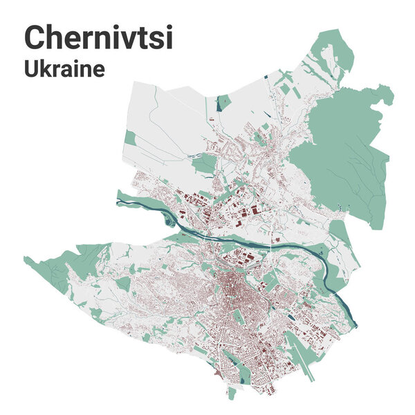 Chernivtsi map, city in Ukraine. Municipal administrative area map with buildings, rivers and roads, parks and railways. Vector illustration.