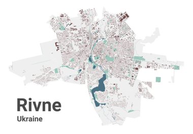 Rivne haritası, Ukrayna şehri. Binalar, nehirler ve yollar, parklar ve demiryolları olan belediye yönetim alanı haritası. Vektör illüstrasyonu.