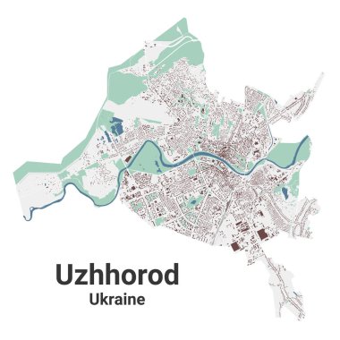 Uzhhorod haritası, Ukrayna şehri. Binalar, nehirler ve yollar, parklar ve demiryolları olan belediye yönetim alanı haritası. Vektör illüstrasyonu.