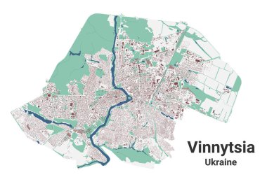 Vinnytsia haritası, Ukrayna 'da şehir. Binalar, nehirler ve yollar, parklar ve demiryolları olan belediye yönetim alanı haritası. Vektör illüstrasyonu.