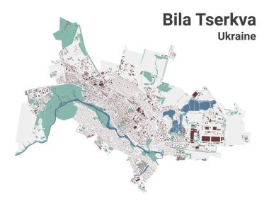 Bila Tserkva haritası, Ukrayna şehri. Binalar, nehirler ve yollar, parklar ve demiryolları olan belediye yönetim alanı haritası. Vektör illüstrasyonu.