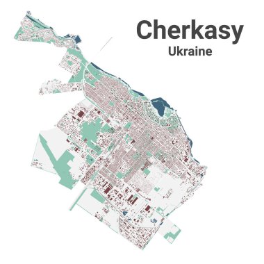 Cherkasy haritası, Ukrayna 'da şehir. Binalar, nehirler ve yollar, parklar ve demiryolları olan belediye yönetim alanı haritası. Vektör illüstrasyonu.