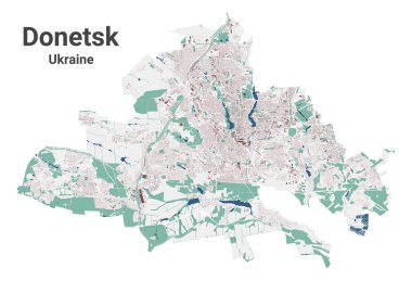 Donetsk haritası, Ukrayna şehri. Binalar, nehirler ve yollar, parklar ve demiryolları olan belediye yönetim alanı haritası. Vektör illüstrasyonu.