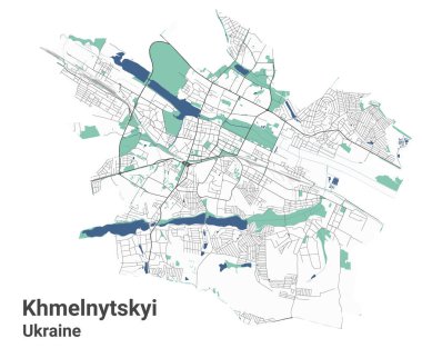 Khmelnytskyi haritası, Ukrayna şehri. Nehirleri, yolları, parkları ve demiryolları olan belediye yönetim alanı haritası. Vektör illüstrasyonu.