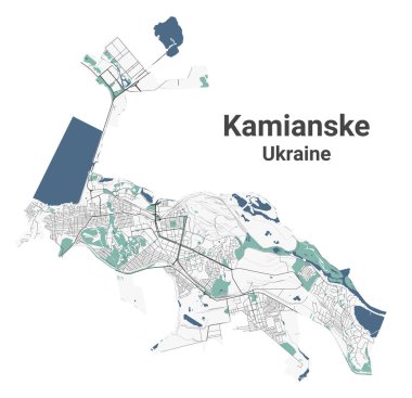 Kamianske haritası, Ukrayna şehri. Nehirleri, yolları, parkları ve demiryolları olan belediye yönetim alanı haritası. Vektör illüstrasyonu.