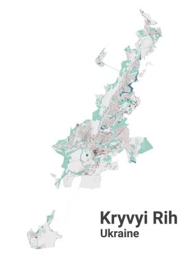 Kryvyi Rih haritası, Ukrayna şehri. Binalar, nehirler ve yollar, parklar ve demiryolları olan belediye yönetim alanı haritası. Vektör illüstrasyonu.
