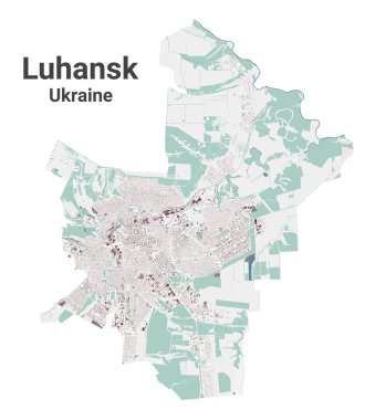 Luhansk haritası, Ukrayna şehri. Binalar, nehirler ve yollar, parklar ve demiryolları olan belediye yönetim alanı haritası. Vektör illüstrasyonu.