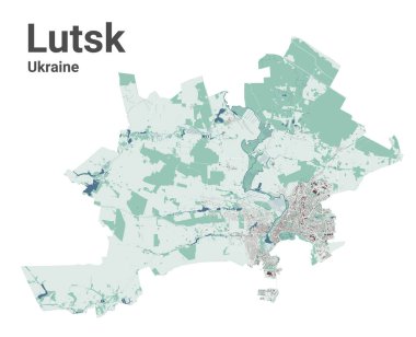 Lutsk haritası, Ukrayna şehri. Binalar, nehirler ve yollar, parklar ve demiryolları olan belediye yönetim alanı haritası. Vektör illüstrasyonu.