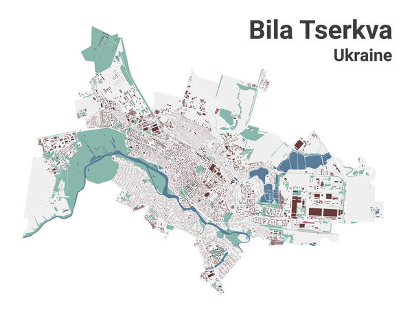 Bila Tserkva map, city in Ukraine. Municipal administrative area map with buildings, rivers and roads, parks and railways. Vector illustration.