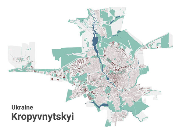 Kropyvnytskyi map, city in Ukraine. Municipal administrative area map with buildings, rivers and roads, parks and railways. Vector illustration.