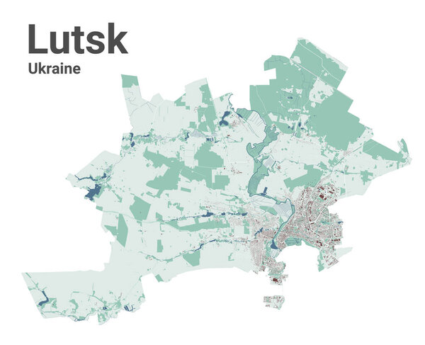 Lutsk map, city in Ukraine. Municipal administrative area map with buildings, rivers and roads, parks and railways. Vector illustration.