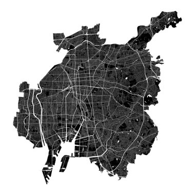 Nagoya haritası. Nagoya şehir idari bölgesinin ayrıntılı kara haritası. Şehir Posteri Arya Manzarası. Beyaz yolları ve caddeleri olan siyah topraklar. Beyaz arkaplan.