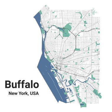 Bufalo haritası, New York, Amerikan şehri. Nehirleri, yolları, parkları ve demiryolları olan belediye yönetim alanı haritası. Vektör illüstrasyonu.