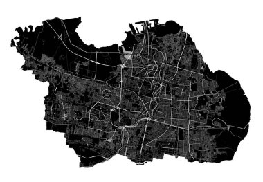 Surabaya haritası. Surabaya idari bölgesinin detaylı kara haritası. Şehir Posteri Arya Manzarası. Beyaz yolları ve caddeleri olan siyah topraklar. Beyaz arkaplan.