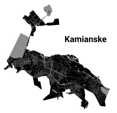 Kamianske şehir haritası, Ukrayna. Belediye idari sınırları, nehirleri, yolları, parkları ve demiryolları olan siyah beyaz alan haritası. Vektör illüstrasyonu.