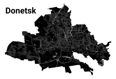 Donetsk şehir haritası, Ukrayna. Belediye idari sınırları, nehirleri, yolları, parkları ve demiryolları olan siyah beyaz alan haritası. Vektör illüstrasyonu.