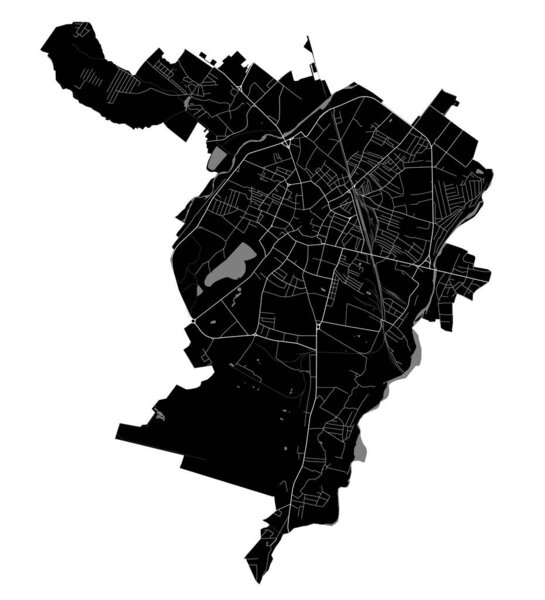 Ivano-Frankivsk city map, Ukraine. Municipal administrative borders, black and white area map with rivers and roads, parks and railways. Vector illustration.