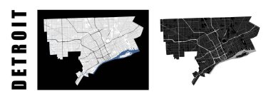 Detroit haritası. ABD şehri idari sınırlar içinde. Siyah ve beyaz vektör haritaları kümesi. Sokaklar ve Detroit nehri, yüksek çözünürlük.