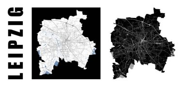 Leipzig haritası. Almanya 'nın idari sınırları içinde bir şehir. Siyah ve beyaz vektör haritaları kümesi. Sokaklar ve Beyaz Elster nehri, yüksek çözünürlüklü..
