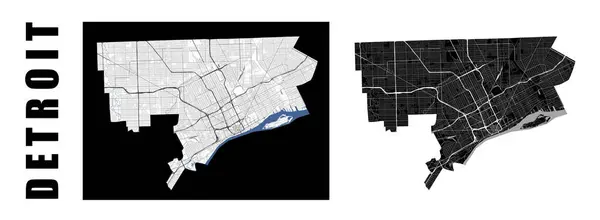 stock vector Detroit map. USA city within administrative municipal borders. Set of black and white vector maps. Streets and Detroit river, high resolution.