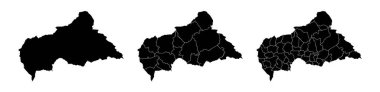 Bölgeler ve belediyeler ile Orta Afrika Cumhuriyeti 'nin devlet haritaları. Bölüm sınırları, beyaz arkaplanda izole vektör haritaları.