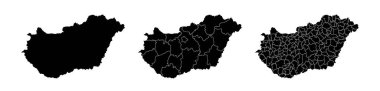 Bölgeler ve belediyeler bölünmüş Macaristan 'ın devlet haritaları. Bölüm sınırları, beyaz arkaplanda izole vektör haritaları.