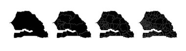 Bölgeler ve belediyelerle Senegal 'in devlet haritaları. Bölüm sınırları, beyaz arkaplanda izole vektör haritaları.