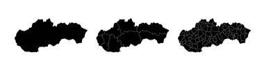 Bölgeler ve belediyelerin bölündüğü bir dizi Slovakya devlet haritası. Bölüm sınırları, beyaz arkaplanda izole vektör haritaları.