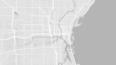 Arkaplan Milwaukee haritası, ABD, beyaz ve açık gri şehir posteri. Yol ve su vektör haritası. Geniş ekran oranı, dijital düz tasarım yol haritası.
