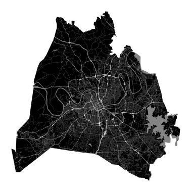 Nashville şehir haritası, Birleşik Devletler. Belediye idari sınırları, nehirleri, yolları, parkları ve demiryolları olan siyah beyaz alan haritası. Vektör illüstrasyonu.