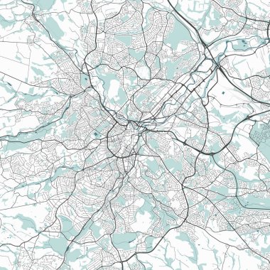Sheffield Haritası, İngiltere. Detaylı şehir vektör haritası, metropol alanı. Yol ve su haritası.