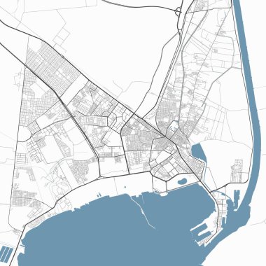 Map of Suez, Egypt. Detailed city vector map, metropolitan area. Streetmap with roads and water. clipart