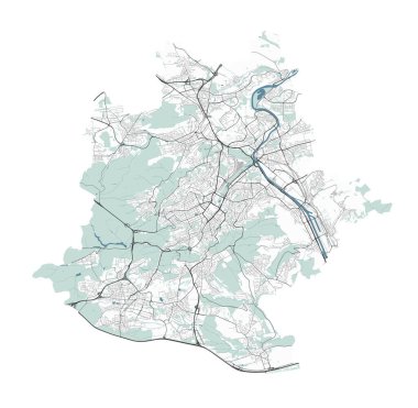 Stuttgart Haritası, Almanya. Detaylı şehir vektör haritası, sınırlı metropol alanı. Yol ve su haritası.